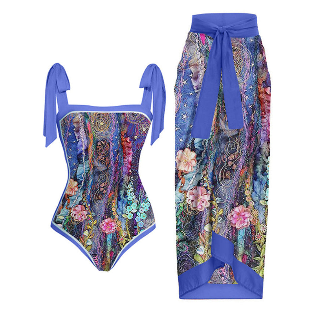 Multi-color Printed Sheath Gauze Skirt Swimsuit