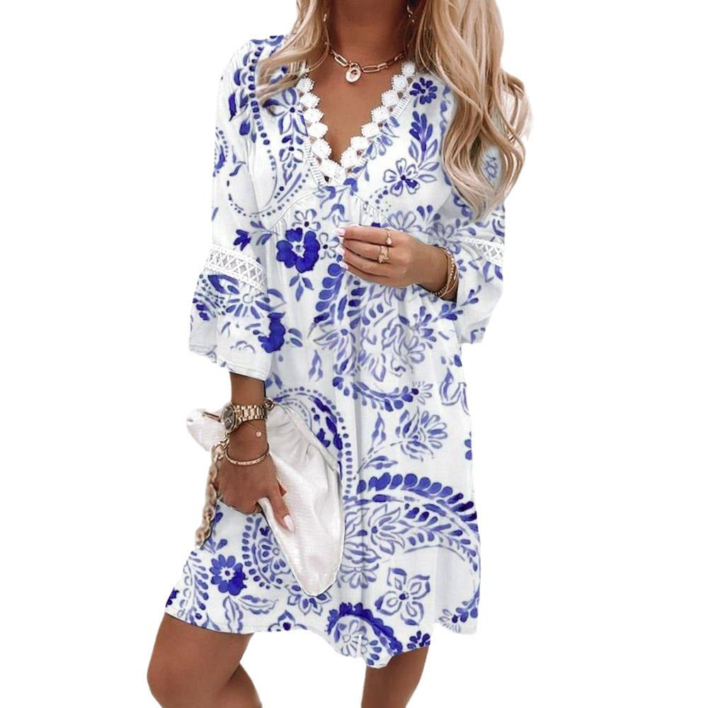 V-neck Printed Lace Stitching Dress