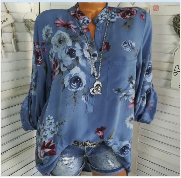 Long Sleeve Print Stand Collar Button Blouse