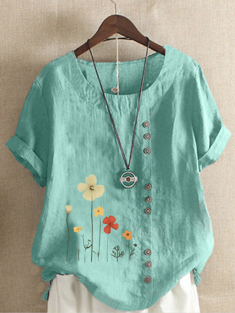 Cotton And Linen Printed Elegant Short Sleeve Top