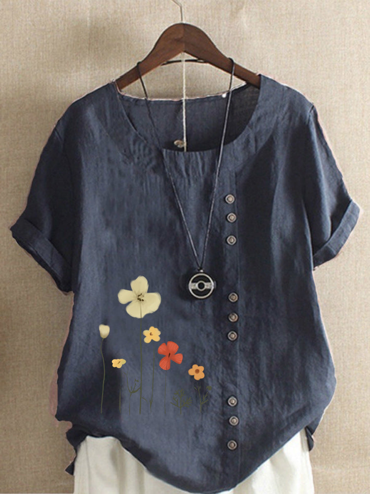 Cotton And Linen Printed Elegant Short Sleeve Top