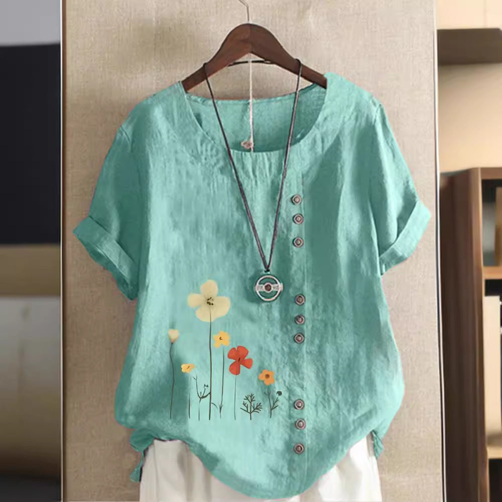 Cotton And Linen Printed Elegant Short Sleeve Top