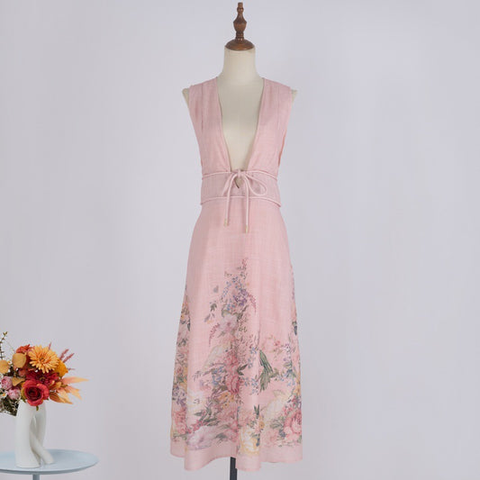 V-neck Pink Cotton And Linen Dress