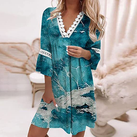 V-neck Printed Lace Stitching Dress