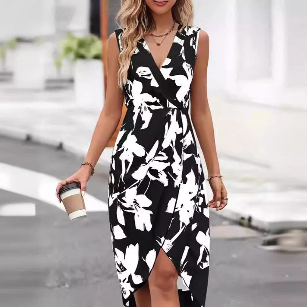 Printed Flower V-neck Sleeveless Dress