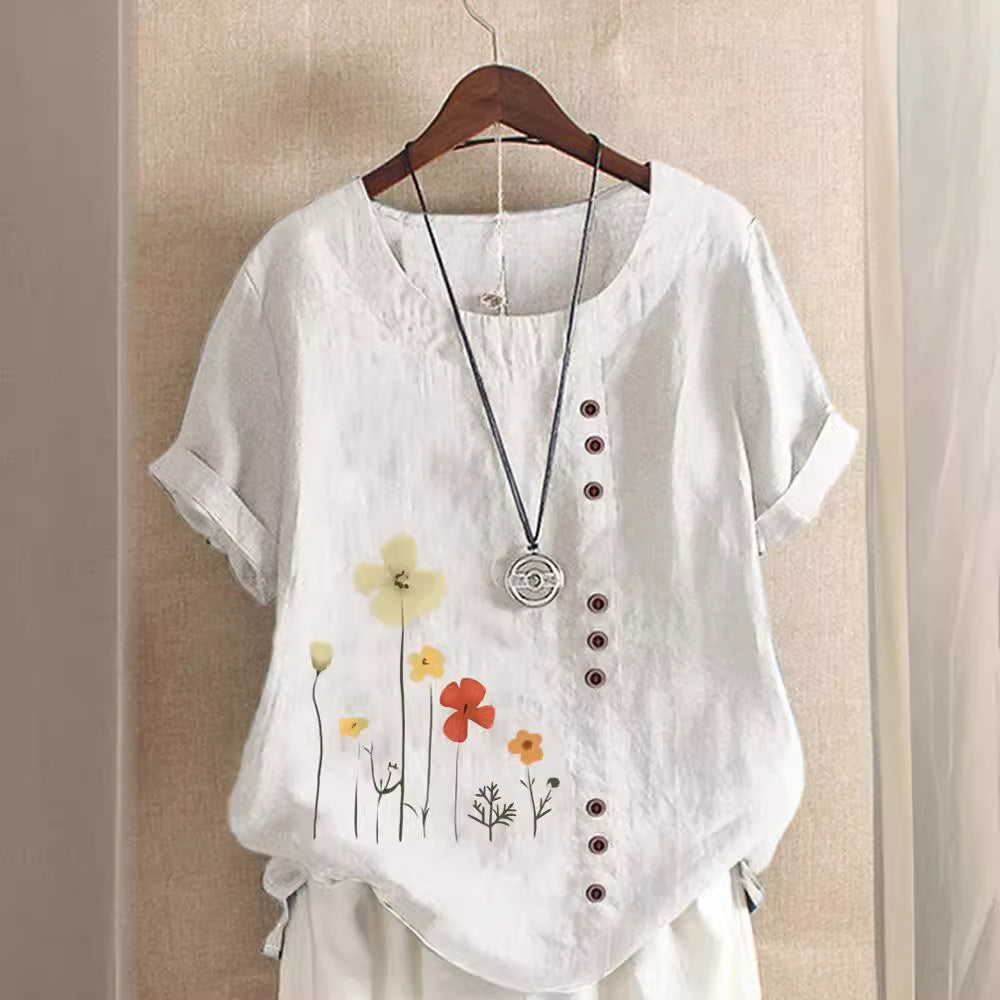 Cotton And Linen Printed Elegant Short Sleeve Top