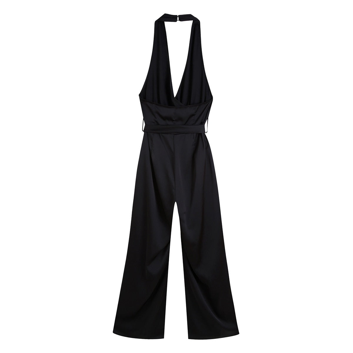 Silk Texture Belt Black Jumpsuit