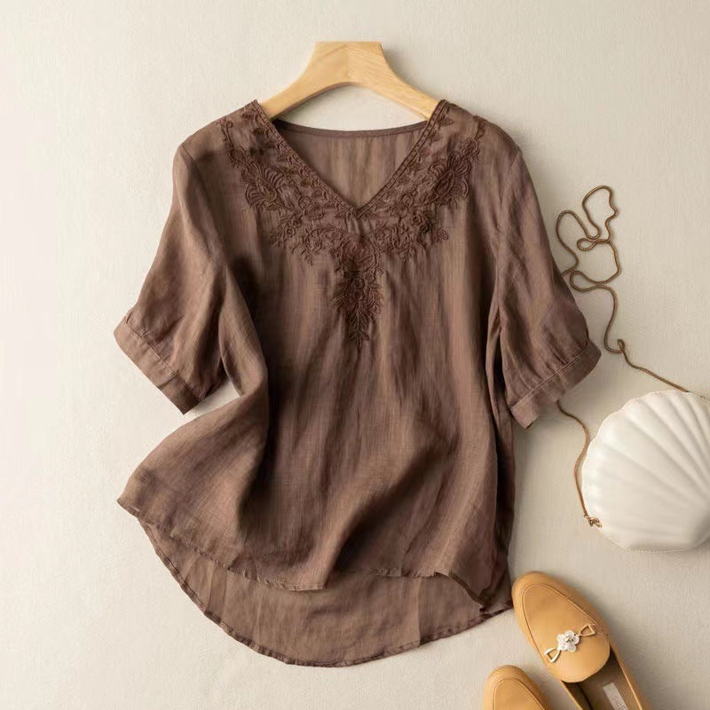 V-neck Embroidery Slim Fit Shirt