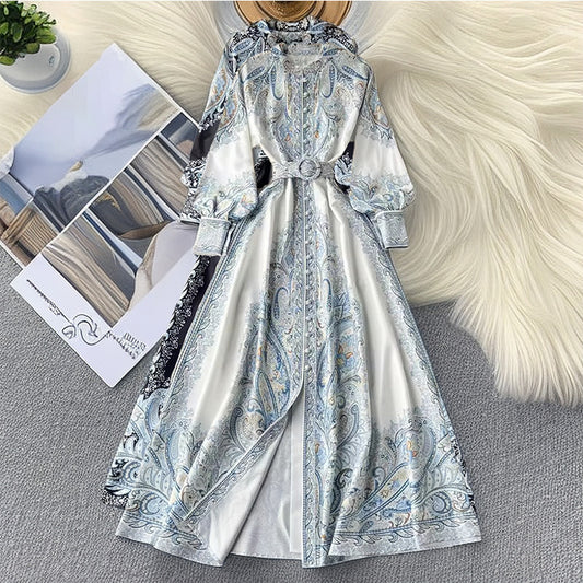 Lapel Lantern Sleeve Printed Dress Women