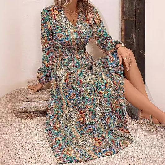 Elegant V-neck Printed Long Dress