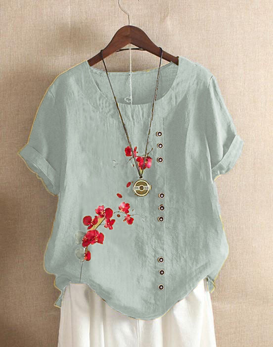 Retro Cotton And Linen Printed Loose Shirt