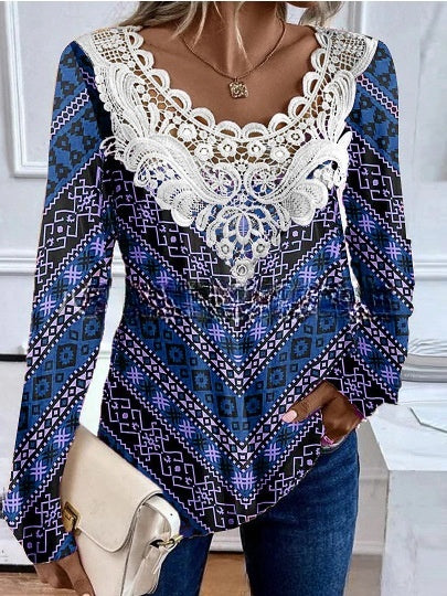 Round neck lace casual T-shirt