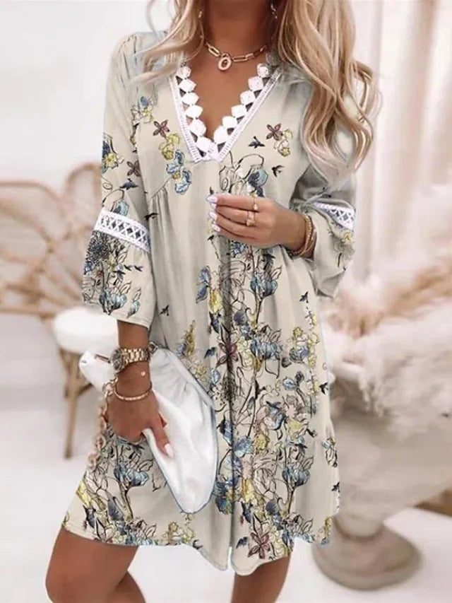 V-neck Printed Lace Stitching Dress