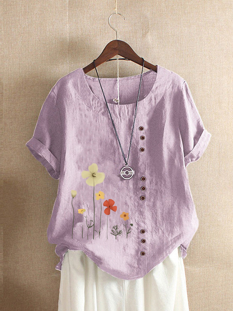 Cotton And Linen Printed Elegant Short Sleeve Top