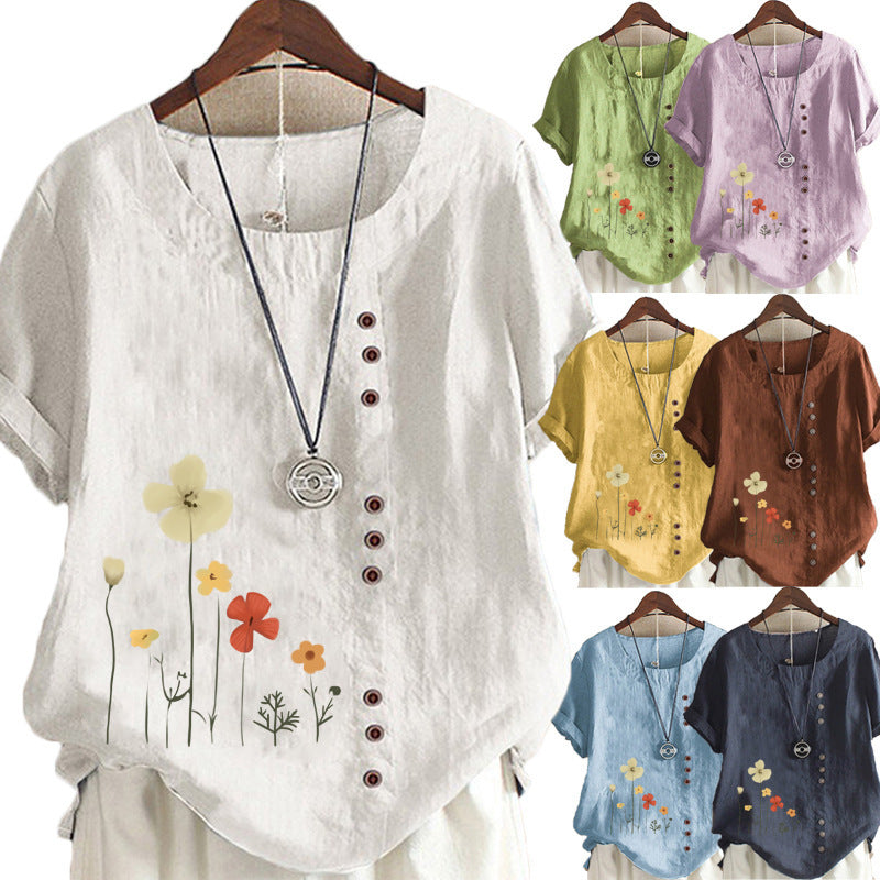 Cotton And Linen Printed Elegant Short Sleeve Top