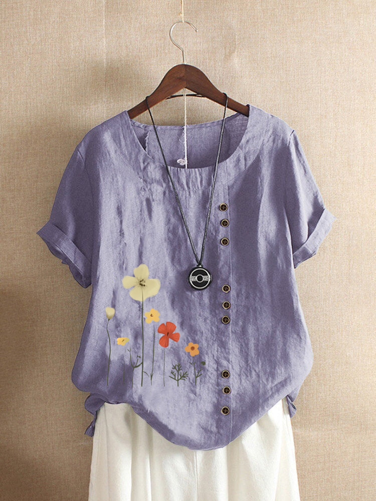 Cotton And Linen Printed Elegant Short Sleeve Top