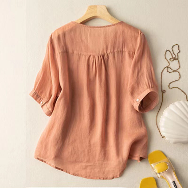 V-neck Embroidery Slim Fit Shirt