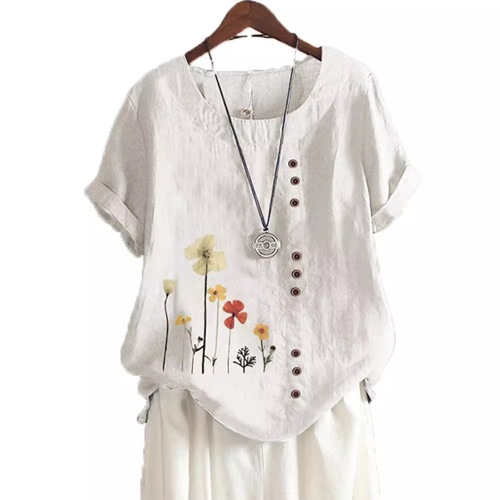 Cotton And Linen Printed Elegant Short Sleeve Top