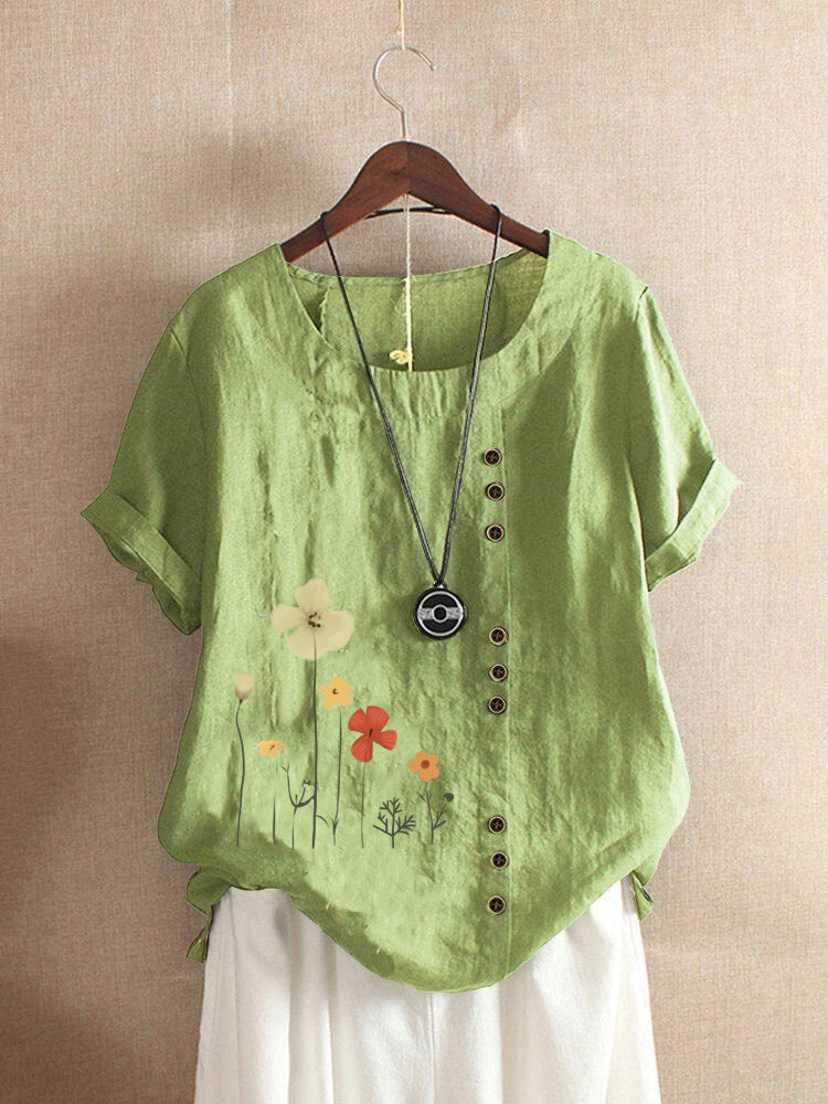 Cotton And Linen Printed Elegant Short Sleeve Top