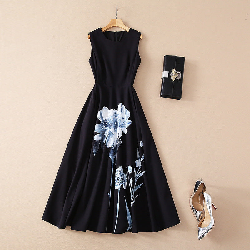 Black Flower Swing French Dress