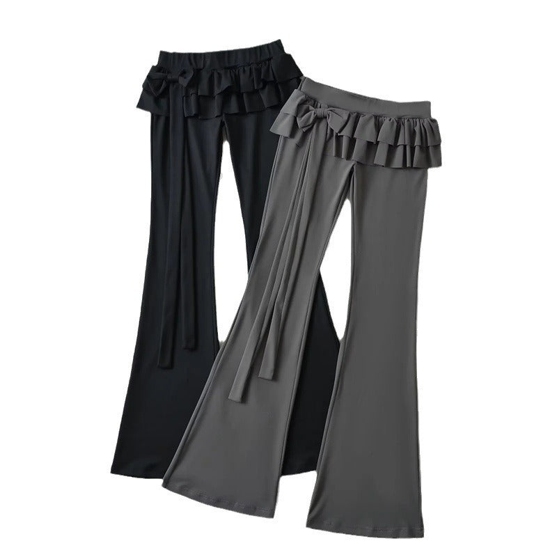 Double-layer Ruffled Ribbon Low Waist Bootcut Trousers