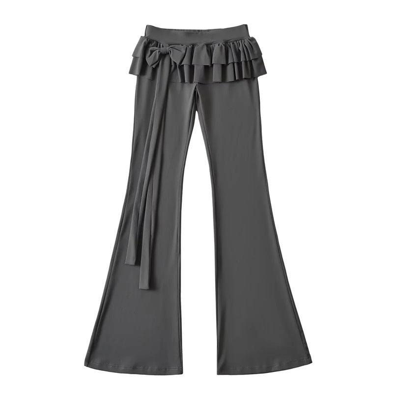 Double-layer Ruffled Ribbon Low Waist Bootcut Trousers