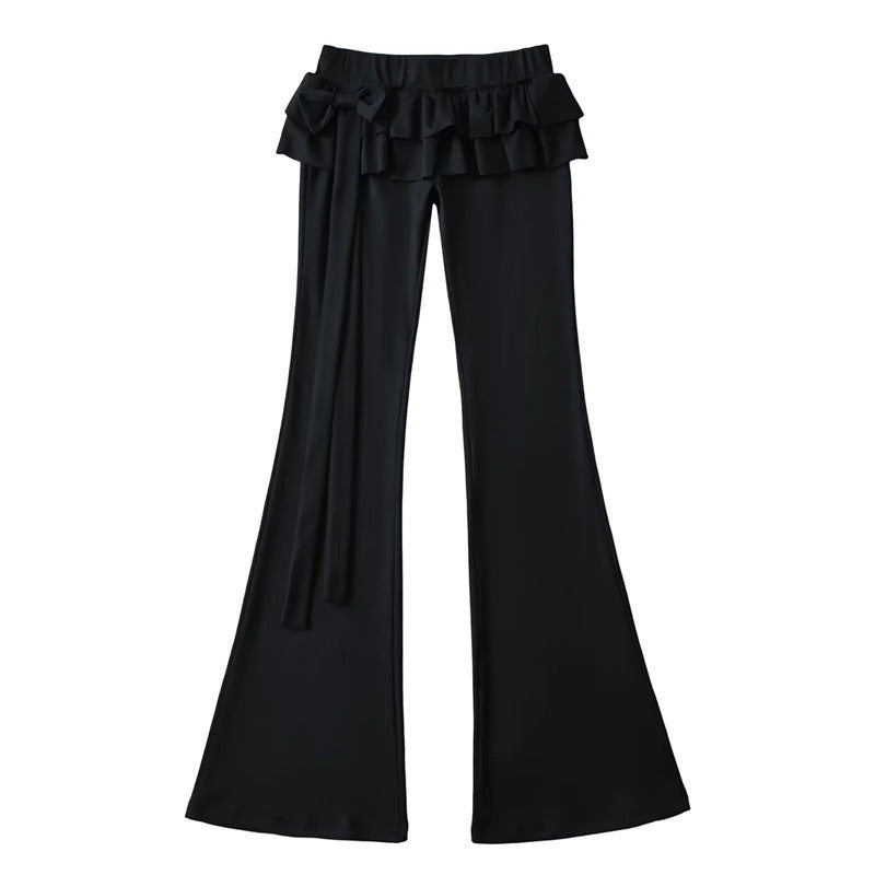 Double-layer Ruffled Ribbon Low Waist Bootcut Trousers