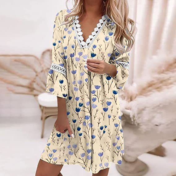 V-neck Printed Lace Stitching Dress