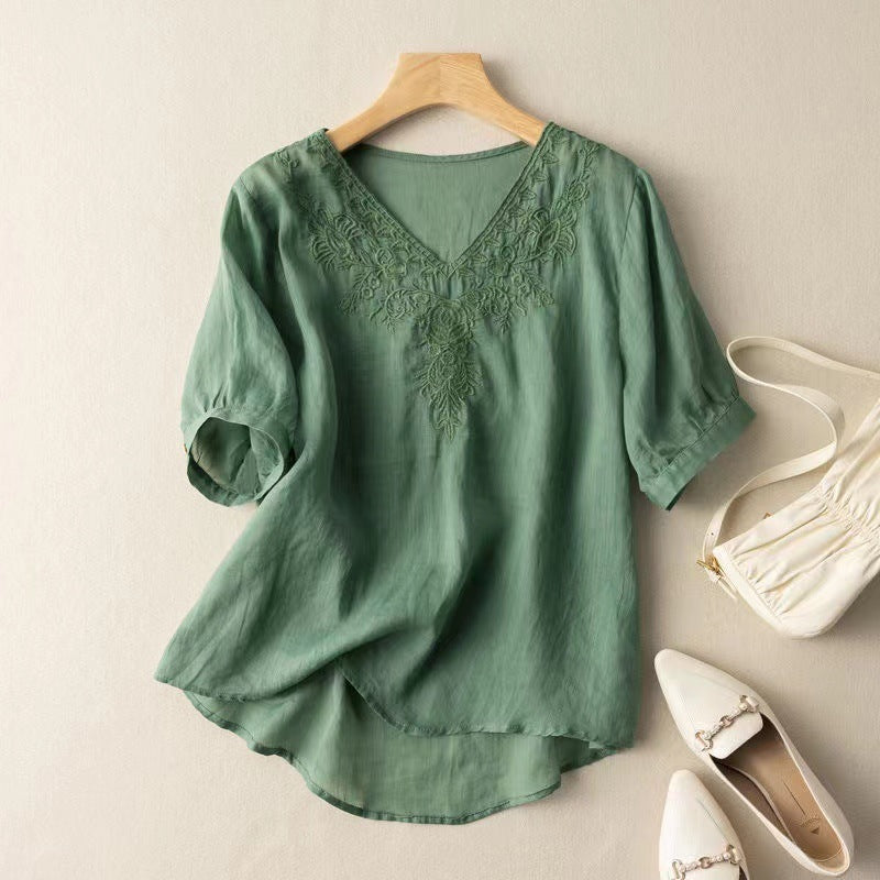 V-neck Embroidery Slim Fit Shirt