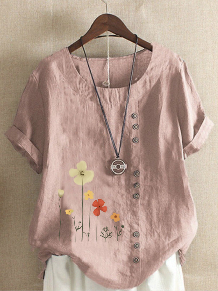 Cotton And Linen Printed Elegant Short Sleeve Top