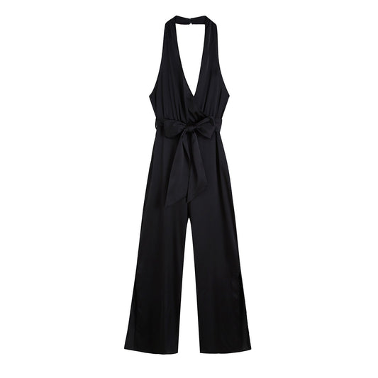 Silk Texture Belt Black Jumpsuit