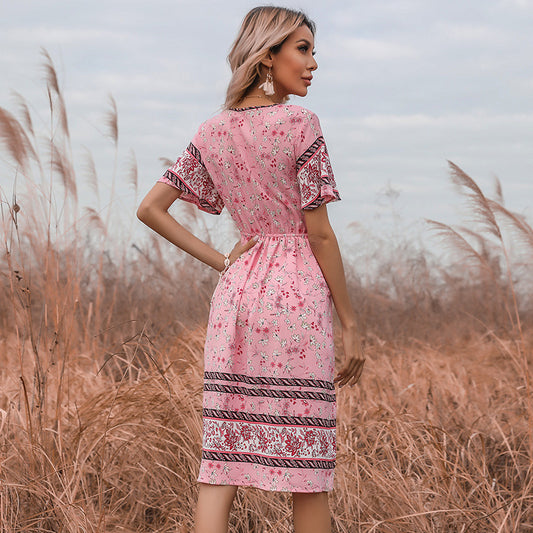 Pink V-neck Printed Dress