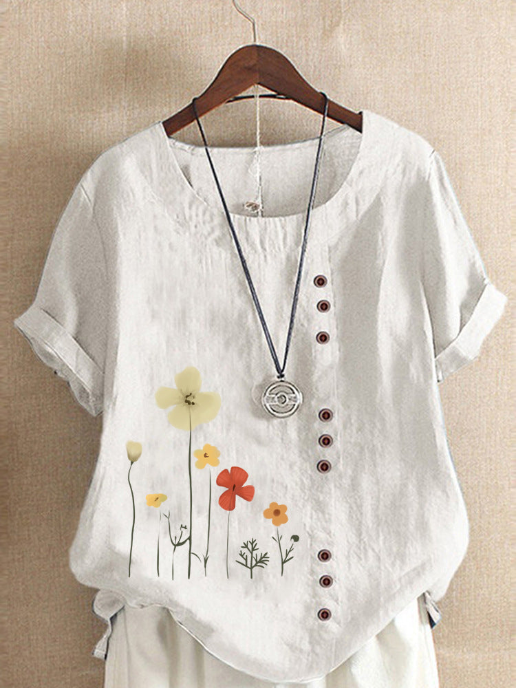 Cotton And Linen Printed Elegant Short Sleeve Top