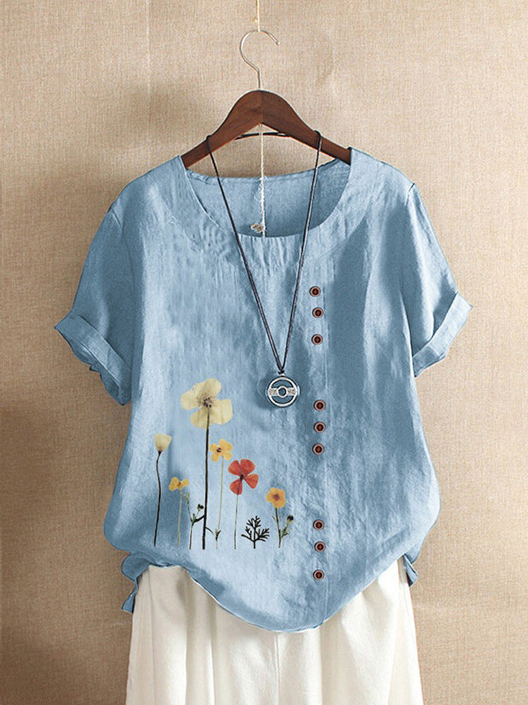 Cotton And Linen Printed Elegant Short Sleeve Top