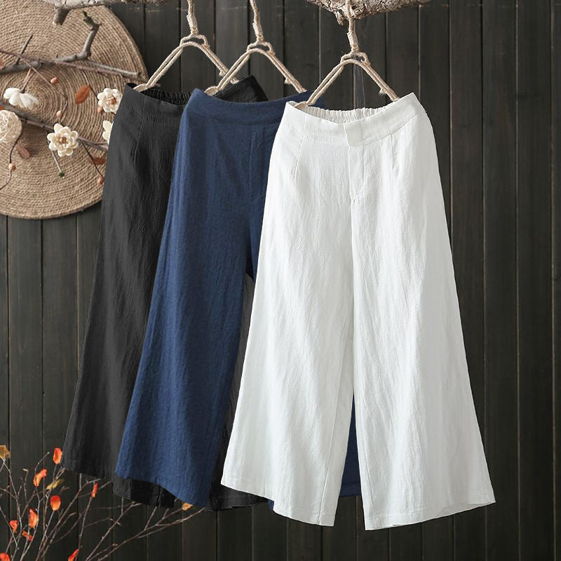 Cotton And Linen Cropped Wide-leg Pants