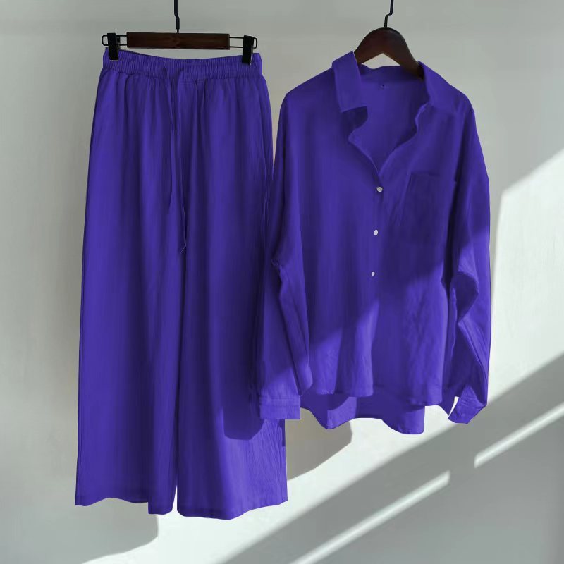 Cross-border Women's Ancient Cotton And Linen Shirt Outfit High Waist Loose Trousers