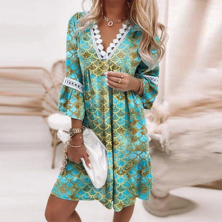 V-neck Printed Lace Stitching Dress