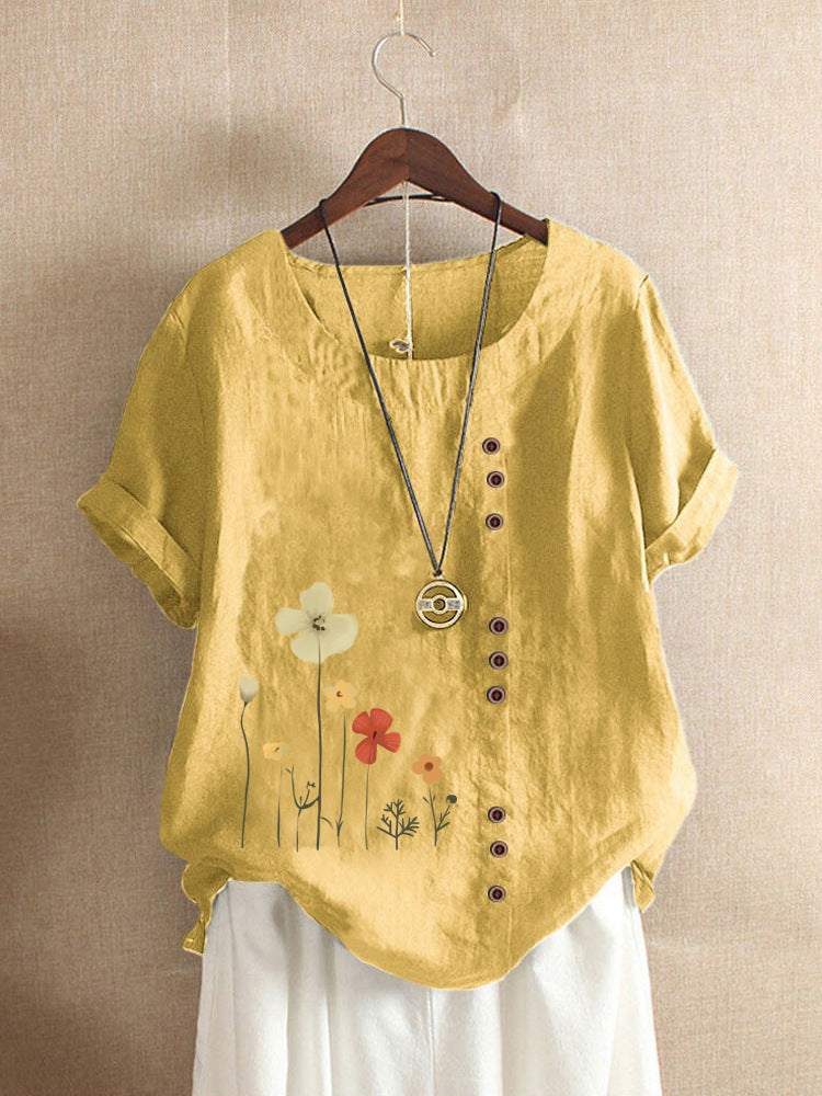 Cotton And Linen Printed Elegant Short Sleeve Top