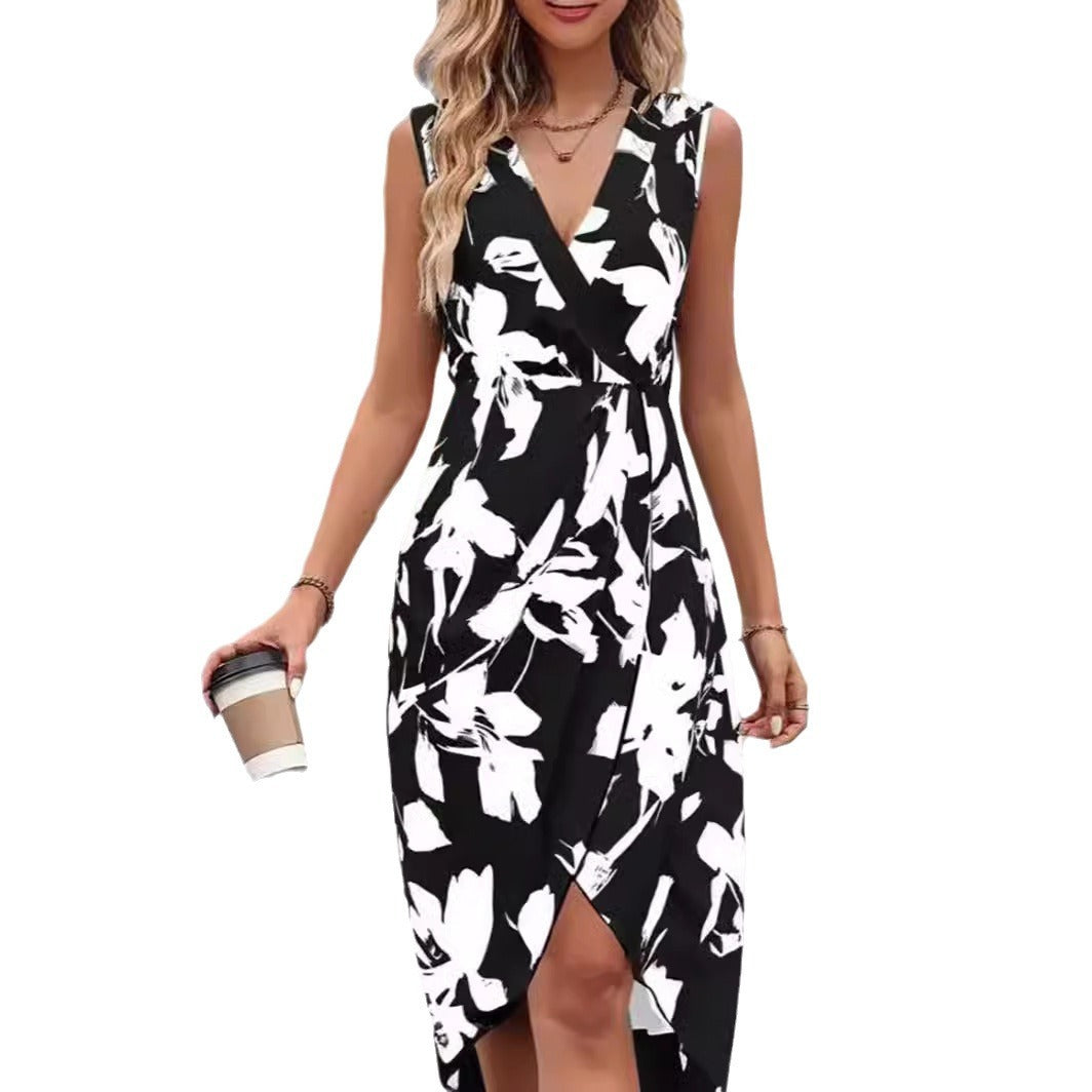 Printed Flower V-neck Sleeveless Dress